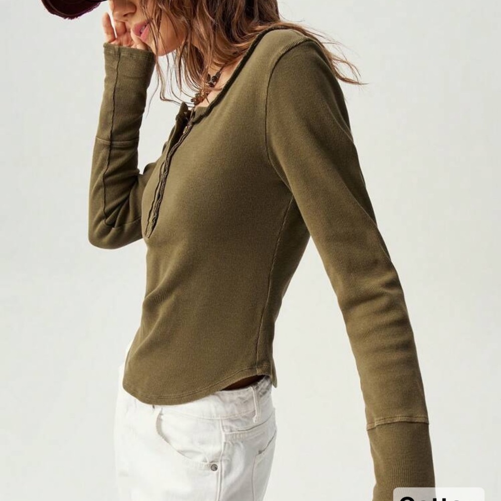 💛 Bohemela Army Green Ribbed Cotton Long Sleeve Top with Buttons (Size S) - Picture 6 of 8